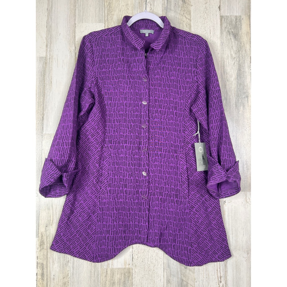 Habitat Button Front Tunic S Plum Purple Dash Print Rayon Blend Lagenlook Artsy